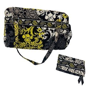Vera Bradley Quilted Medium Handbag & Wallet Set Floral Black Yellow White Gray